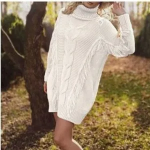 New Turtleneck Oversized Cable Knit Fringed Sweater Dress In Beige White