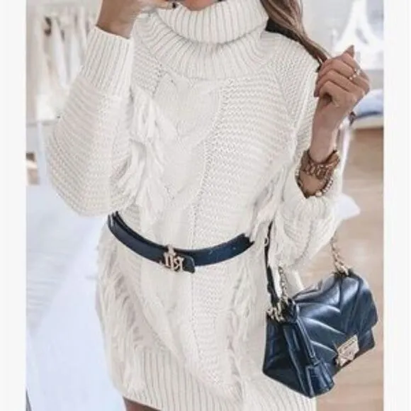 New Turtleneck Oversized Cable Knit Fringed Sweater Dress In Beige White
