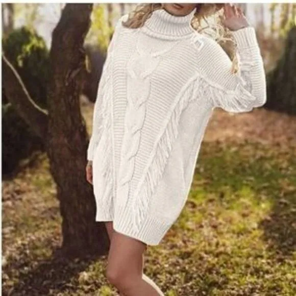 New Turtleneck Oversized Cable Knit Fringed Sweater Dress In Beige White