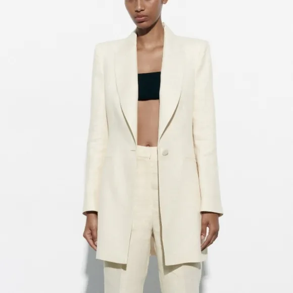 NEW Zara Metallic Thread Long Blazer Dress Cream