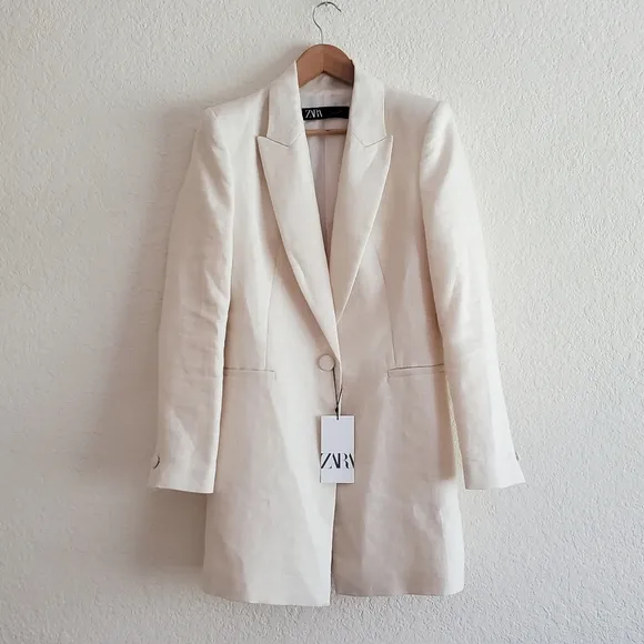 NEW Zara Metallic Thread Long Blazer Dress Cream
