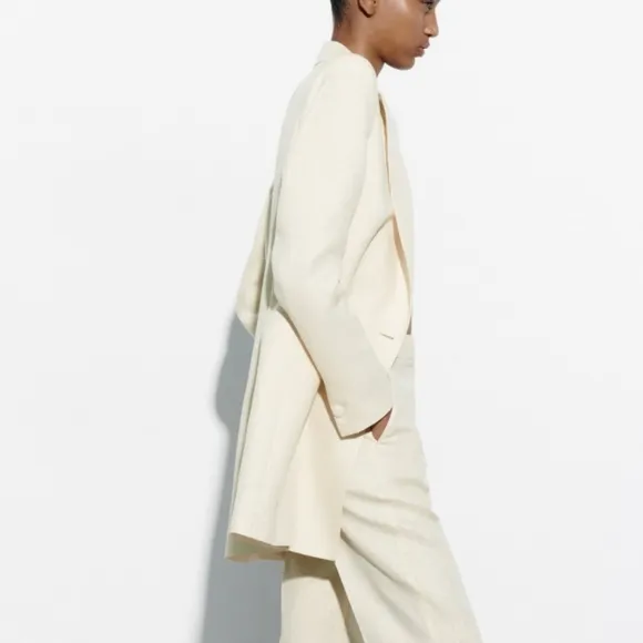 NEW Zara Metallic Thread Long Blazer Dress Cream