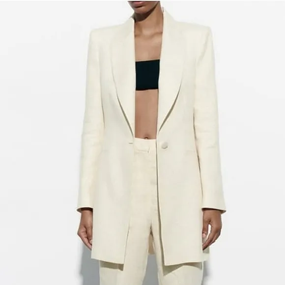 NEW Zara Metallic Thread Long Blazer Dress Cream
