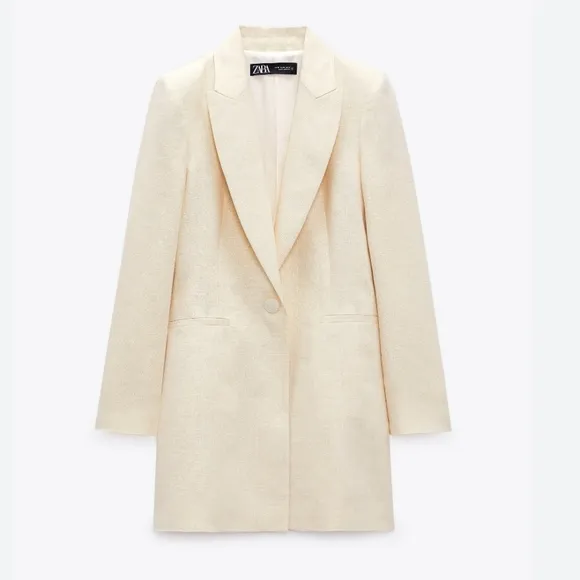 NEW Zara Metallic Thread Long Blazer Dress Cream