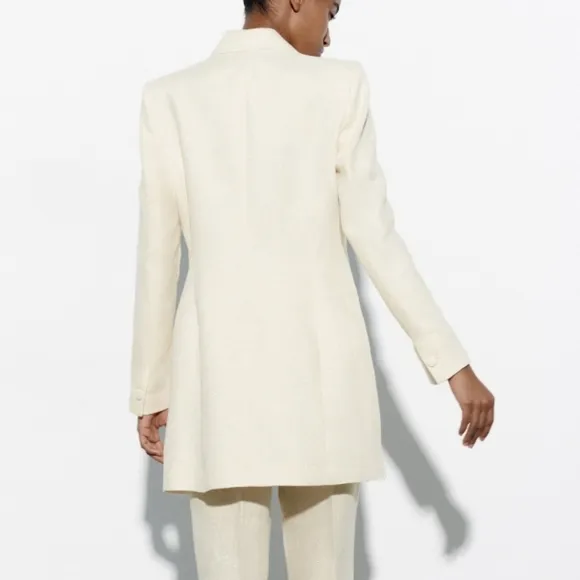 NEW Zara Metallic Thread Long Blazer Dress Cream
