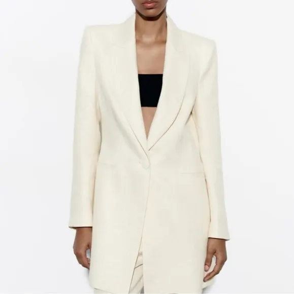 NEW Zara Metallic Thread Long Blazer Dress Cream