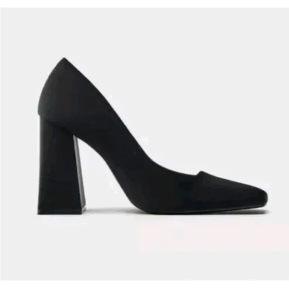 New! Zara SZ 8, black timeless square satin block heel shoes.