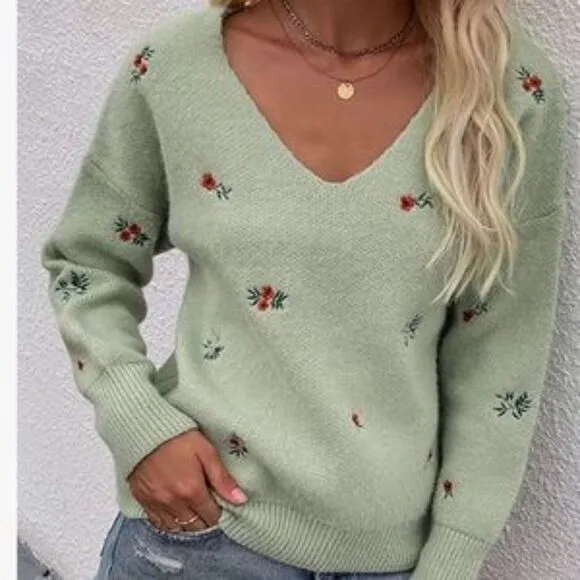 NEW Beige V Neck Embroidered Ribbed Knit Pullover Sweater
