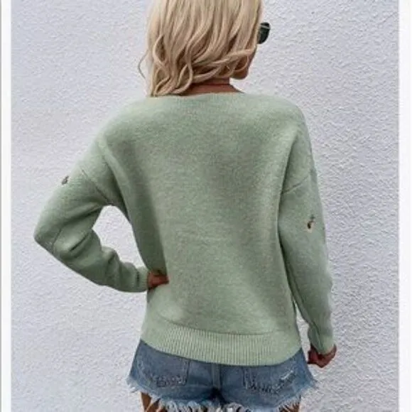 NEW Beige V Neck Embroidered Ribbed Knit Pullover Sweater