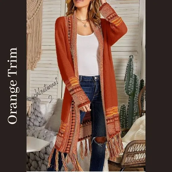 NEW Bohemian Tribal Fringe Cardigan With Pockets