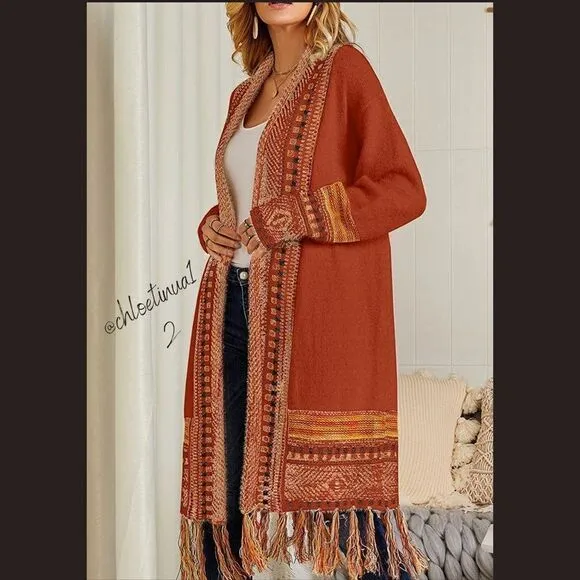 NEW Bohemian Tribal Fringe Cardigan With Pockets