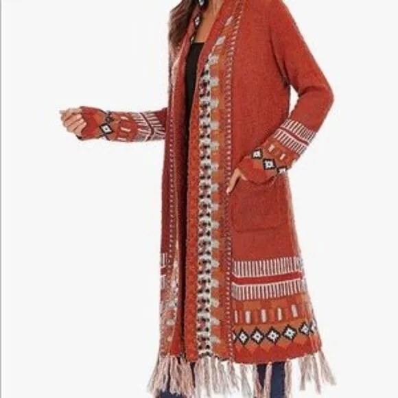 NEW Bohemian Tribal Fringe Cardigan With Pockets