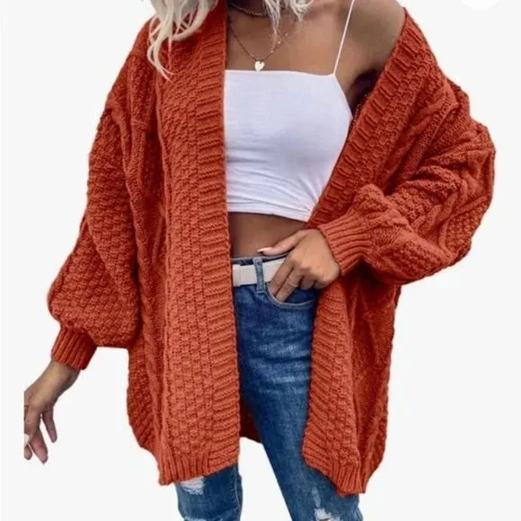 New Cable Knit Open Front Lantern Sleeves Chunky Sweater