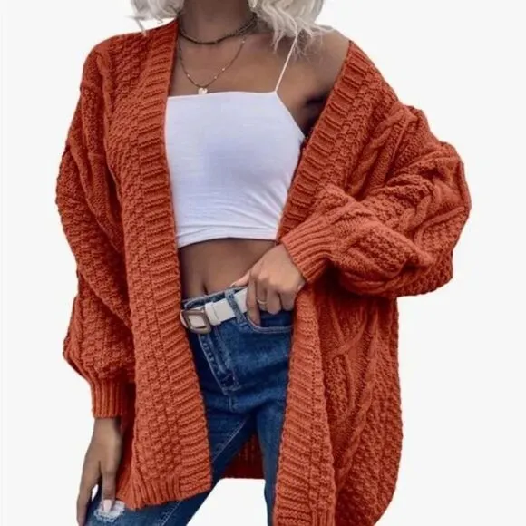 New Cable Knit Open Front Lantern Sleeves Chunky Sweater