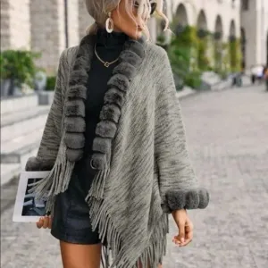 New Elegant Fringe Trim Batwing Sleeve Cardigan