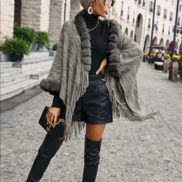 New Elegant Fringe Trim Batwing Sleeve Cardigan