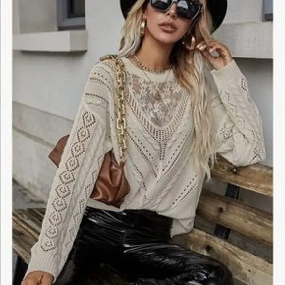 NEW Lace Splice Pullover Sweater Top