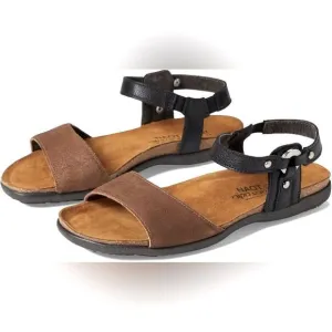 NEW NAOT Sabrina Flat Sandals Elegant Antique Brown Suede Black Leather EU 38