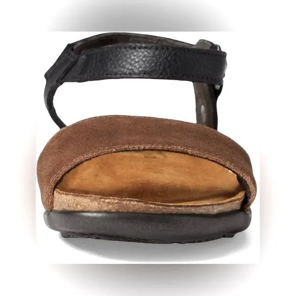 NEW NAOT Sabrina Flat Sandals Elegant Antique Brown Suede Black Leather EU 38