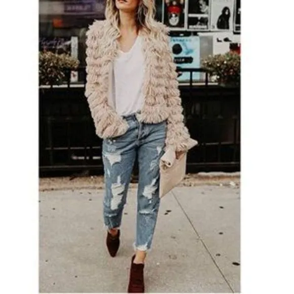 New Open Front Furry Parka Shaggy Jacket