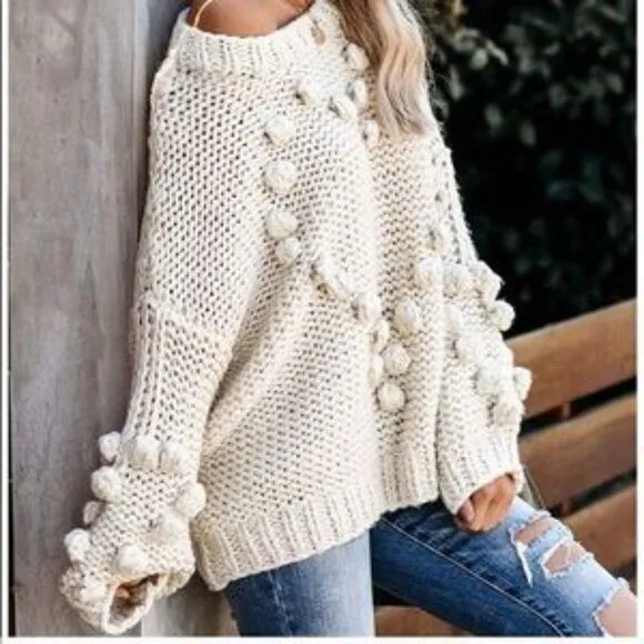 New Oversized Off-Shoulder Bobble Knit Sweater