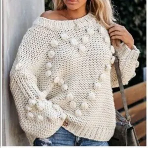 New Oversized Off-Shoulder Bobble Knit Sweater