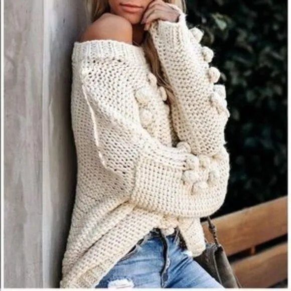 New Oversized Off-Shoulder Bobble Knit Sweater