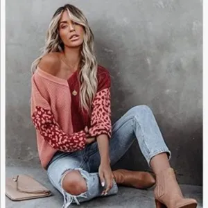 NEW Red Leopard Color Block Sweater
