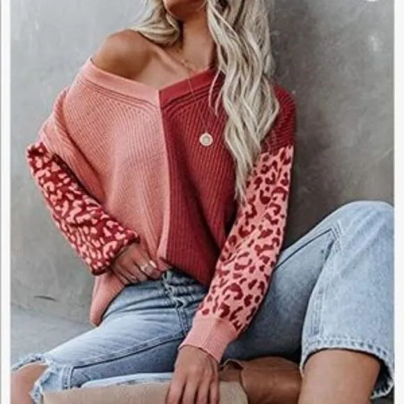 NEW Red Leopard Color Block Sweater