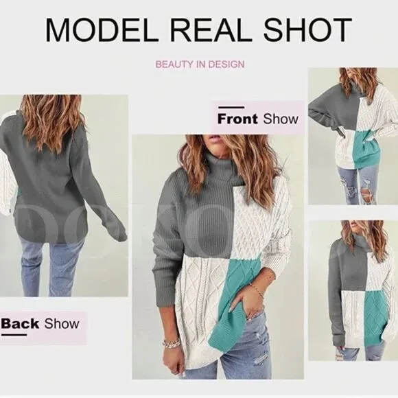 New Turtleneck Color Block Cable Knit Pullover Sweater