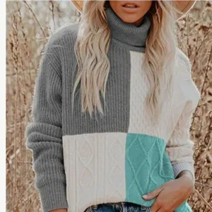 New Turtleneck Color Block Cable Knit Pullover Sweater