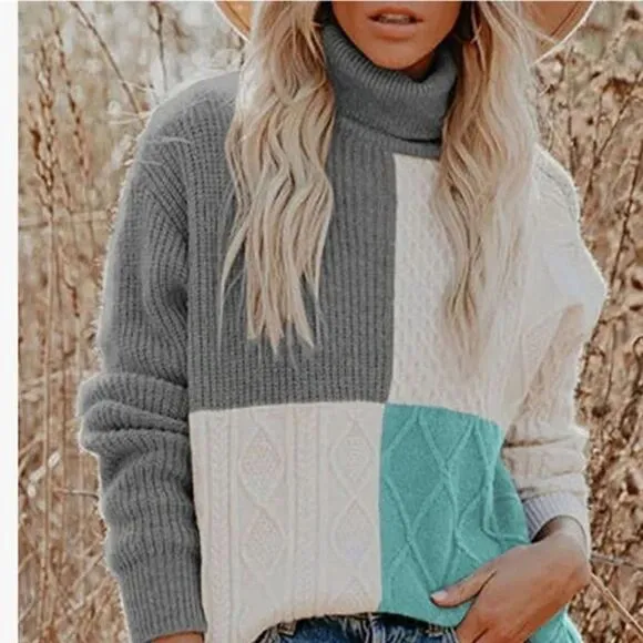 New Turtleneck Color Block Cable Knit Pullover Sweater