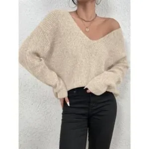 New V neck Drop Shoulder Ribbed Knit Sweater tan