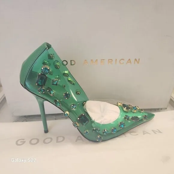 NIB Good American Jeweled Emma Heel Summer Green size 7