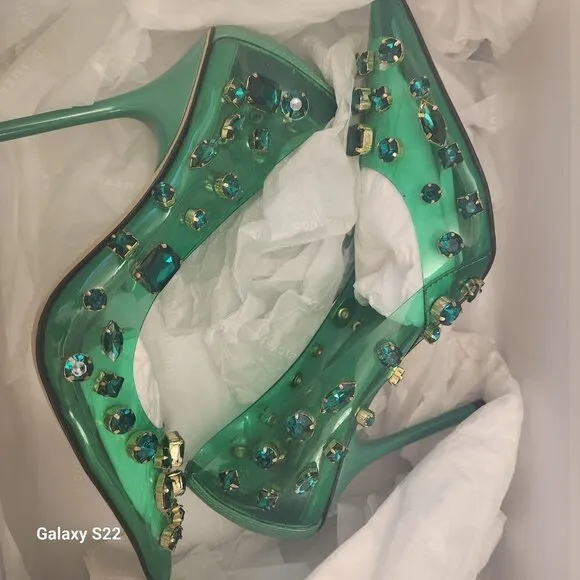 NIB Good American Jeweled Emma Heel Summer Green size 7