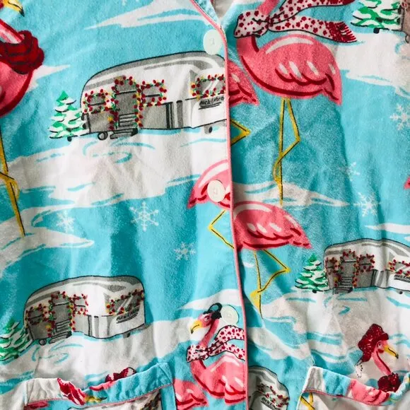 NICK &amp; NORA FLANNEL PAJAMAS ● AQUA FLAMINGO AIRSTREAM CAMPER ● S SMALL