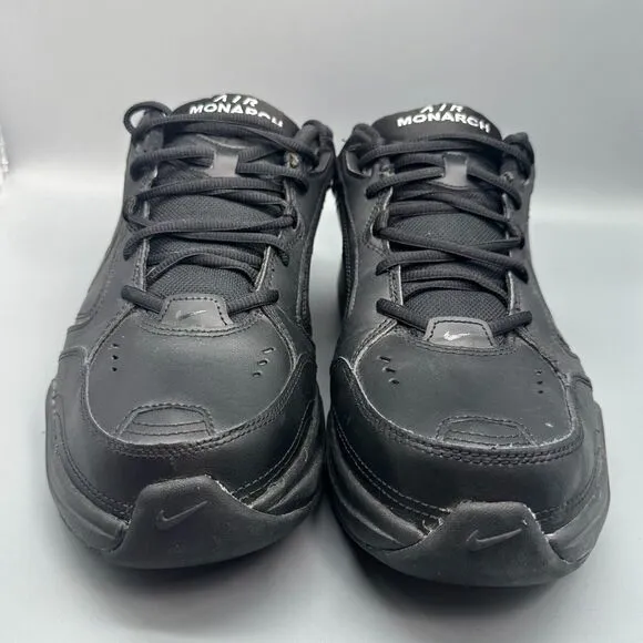 Nike Air Monarch IV Mens 11.5 Triple Black Leather Workout Shoes Lace-Up Low Top