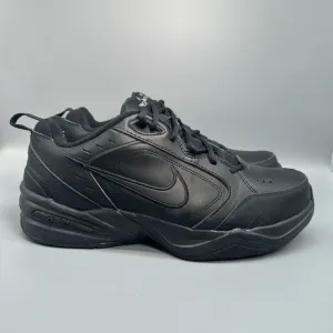 Nike Air Monarch IV Mens 11.5 Triple Black Leather Workout Shoes Lace-Up Low Top