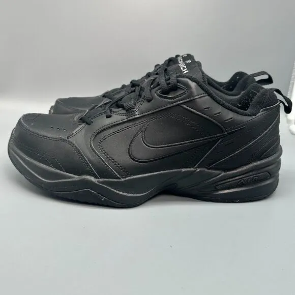 Nike Air Monarch IV Mens 11.5 Triple Black Leather Workout Shoes Lace-Up Low Top
