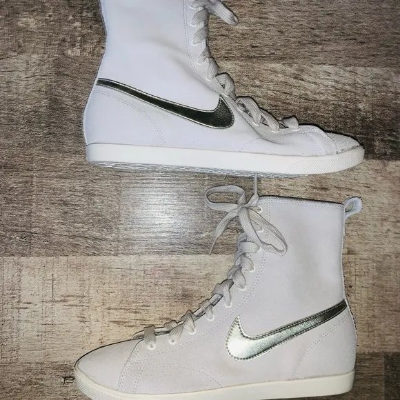 Nike Women's Racquette Mid Leather Ltr Birch Gray Gold High-Top Sneakers Size 8