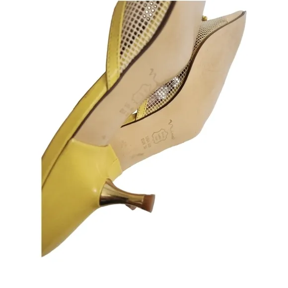 Nina Yellow Women's kitten heels with Floral And Mesh Detail