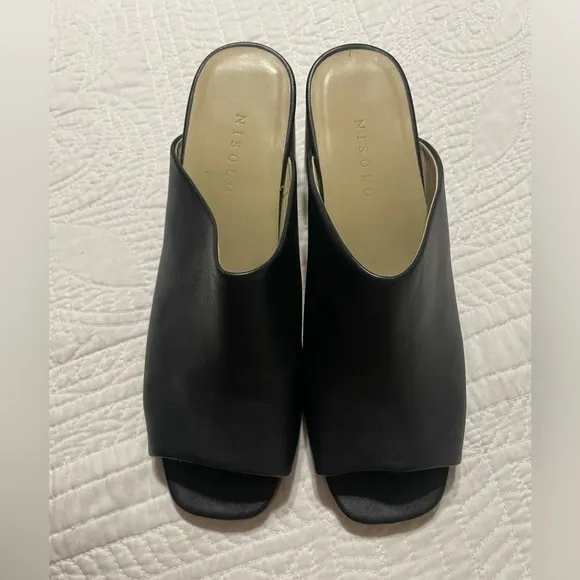 Nisolo Women’s Black Leather Upper &amp; Sole Open Toe Mule Heel Shoes Size 9