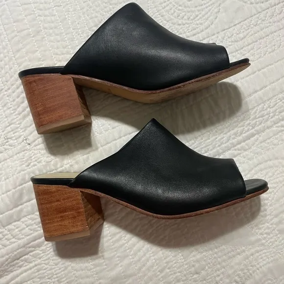 Nisolo Women’s Black Leather Upper &amp; Sole Open Toe Mule Heel Shoes Size 9