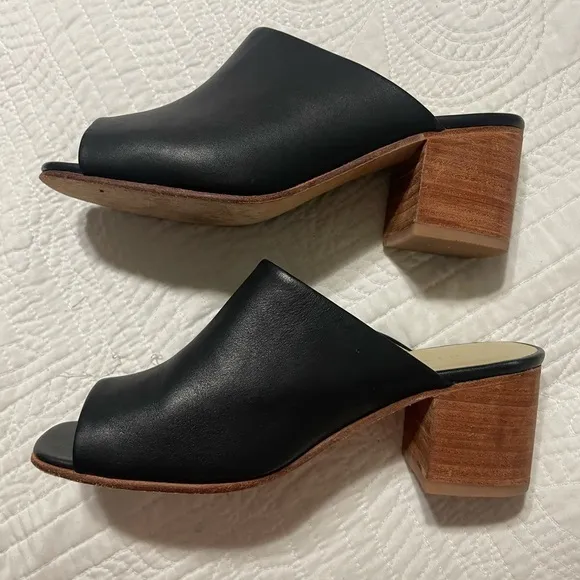 Nisolo Women’s Black Leather Upper &amp; Sole Open Toe Mule Heel Shoes Size 9
