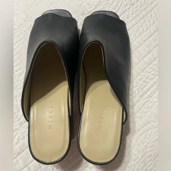 Nisolo Women’s Black Leather Upper &amp; Sole Open Toe Mule Heel Shoes Size 9