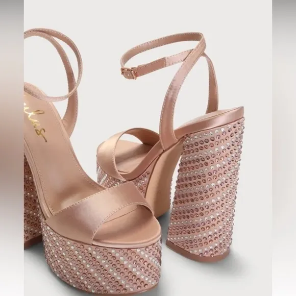 Nude Rhinestone block junky heels sandal satin bridal promo.