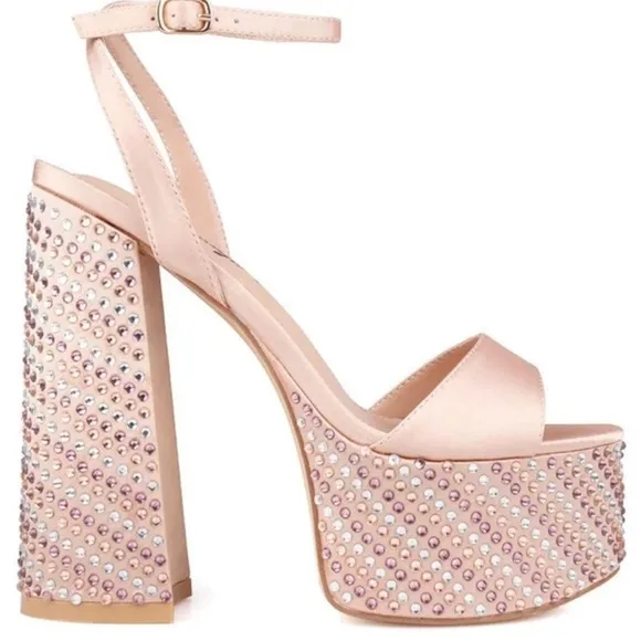 Nude Rhinestone block junky heels sandal satin bridal promo.