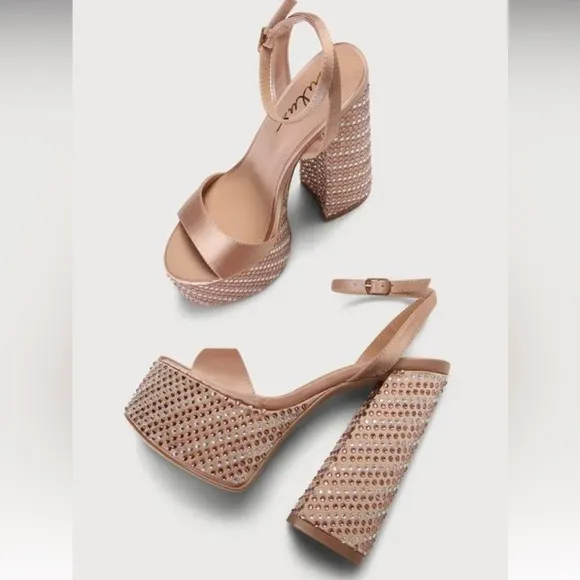 Nude Rhinestone block junky heels sandal satin bridal promo.