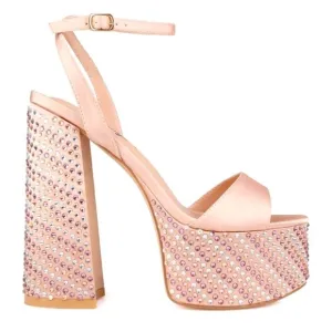Nude Rhinestone block junky heels sandal satin bridal promo.
