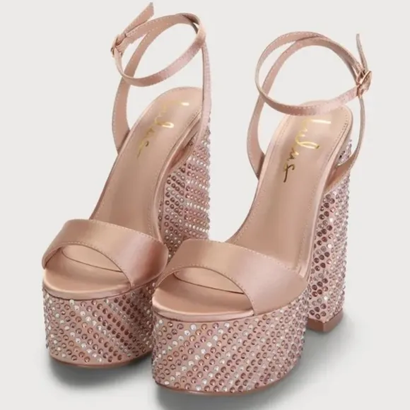 Nude Rhinestone block junky heels sandal satin bridal promo.